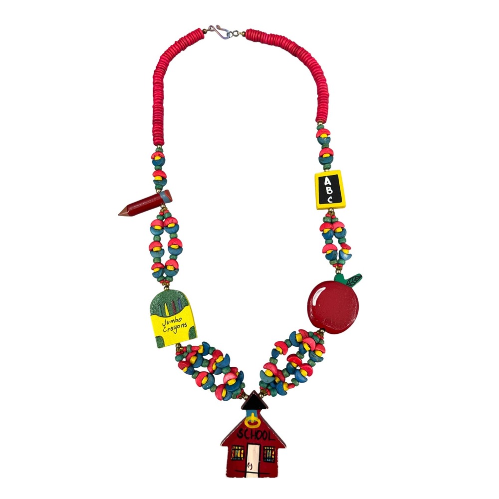 Vintage Teacher Schoolhouse Wooden Bead Necklace Apple Crayon ABC Pencil Red